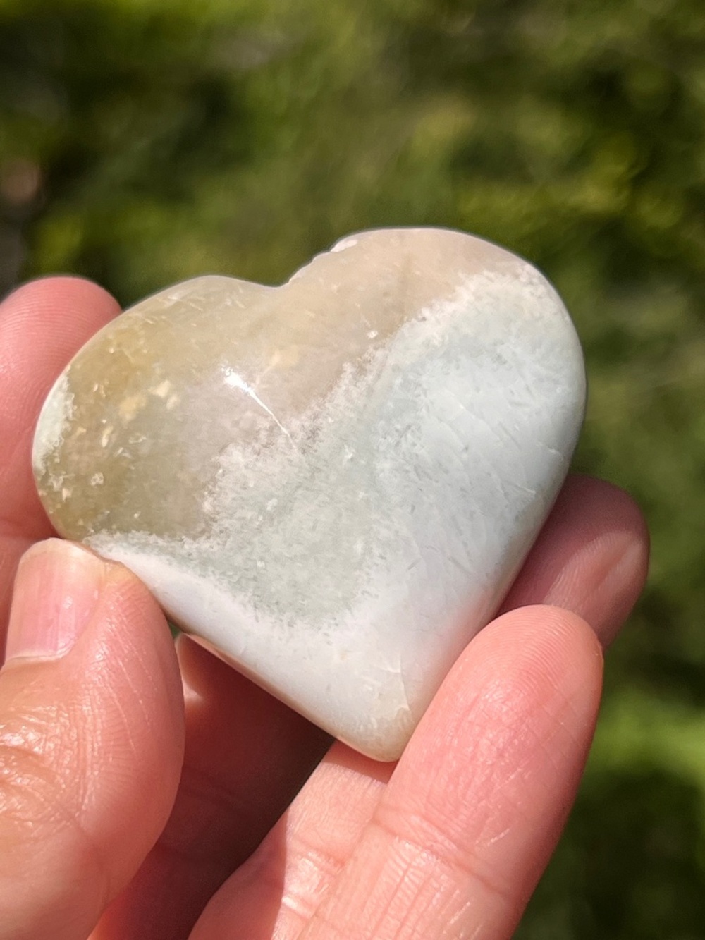 Green (3) cherry agate heart with stand | Crystal